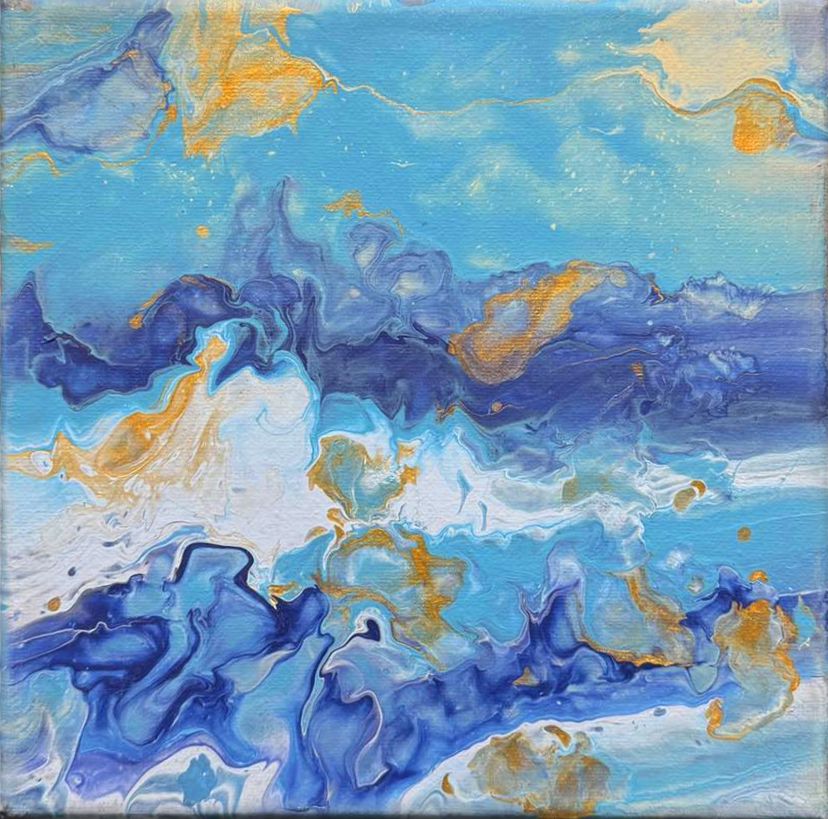 The dynamic blue and gold hues dance together, symbolizing the gentle yet powerful forces of water in constant movement. The painting reflects the beauty of nature’s ebb and flow, with each element working in unison to create balance.