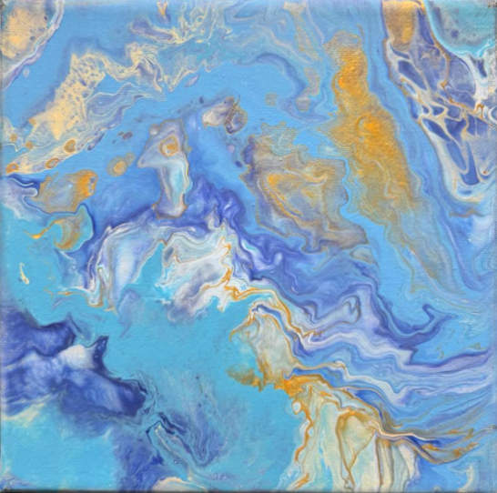 This abstract composition evokes the feeling of tranquil waters in motion, where each swirl and ripple reflects the peaceful harmony found in nature with using the calming flow of vibrant blue tones intertwined with gentle strokes of gold.