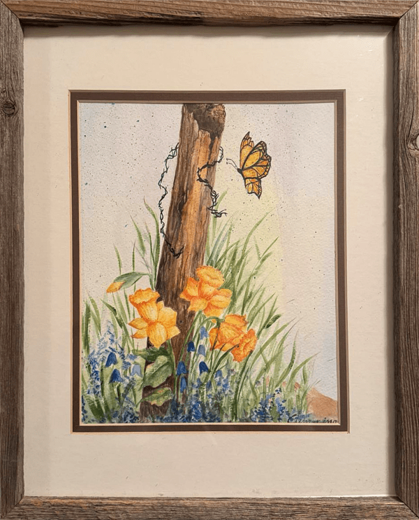 A delicate watercolour painting that juxtaposes the contrasting elements of nature and human intervention. The bright monarch butterfly, subtle splashes of colour and soft shading brings this harmonious scene to life, evoking a sense of quiet hope and renewal. 