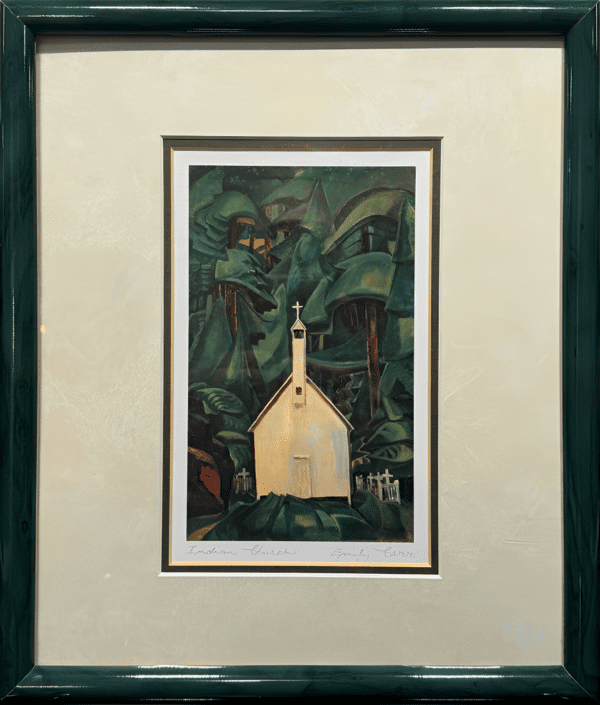 Indian Church, encapsulates the profound serenity and spiritual refuge of a lone chapel nestled within a towering, dark forest. Carr's iconic style brings life to the looming trees, which seem to protect the small church, emphasizing its isolation and sacredness. Emily Car