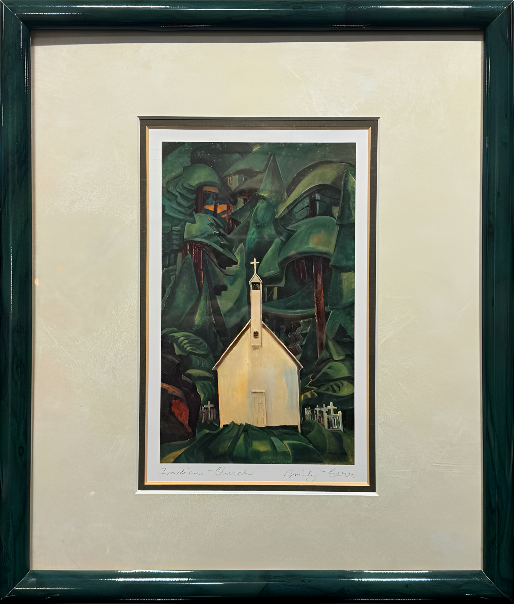 Indian Church, encapsulates the profound serenity and spiritual refuge of a lone chapel nestled within a towering, dark forest. Carr's iconic style brings life to the looming trees, which seem to protect the small church, emphasizing its isolation and sacredness. Emily Car