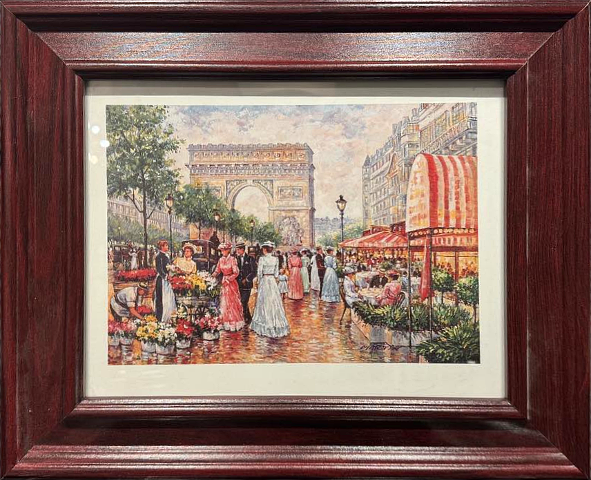 This artwork captures a lively scene in Paris during the early 20th century, set against the backdrop of the Arc de Triomphe. The painter skillfully portrays a sense of joy and calm, with elegant figures in vibrant dresses that stroll through a charming street, with vendors selling colourful flowers.