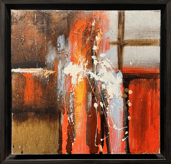 This original abstract has an explosive contrast of energy, layers of deep rust, amber, and fiery reds suggests both a chaotic intensity and an underlying warmth - creating a dynamic sense of both motion and tension.