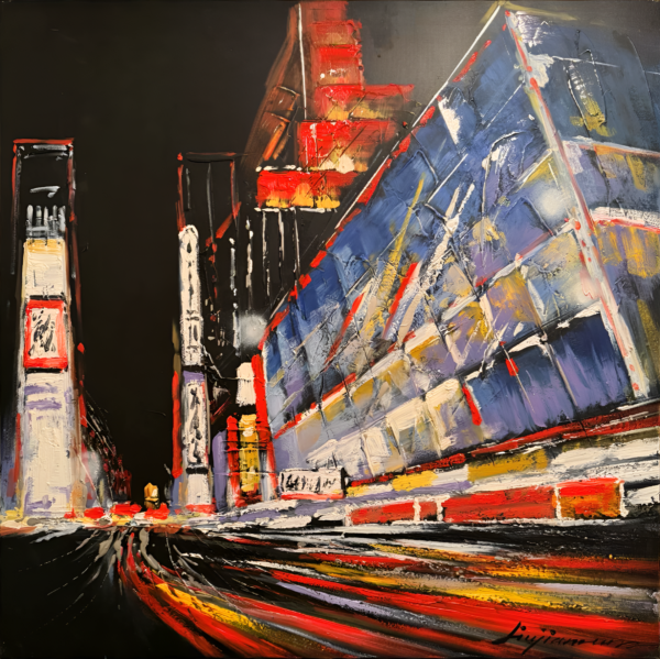 A striking representation of urban energy and movement. The bold, abstract strokes of vivid red, blue, and yellow contrast against the deep black background, creating a sense of velocity and power