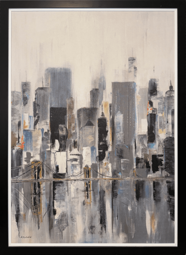 Dynamic energy of a modern city skyline through an abstract blend of shapes, colors, muted greys - the strokes of occasional pops of color emphasize the fluidity and movement of this cityscape.