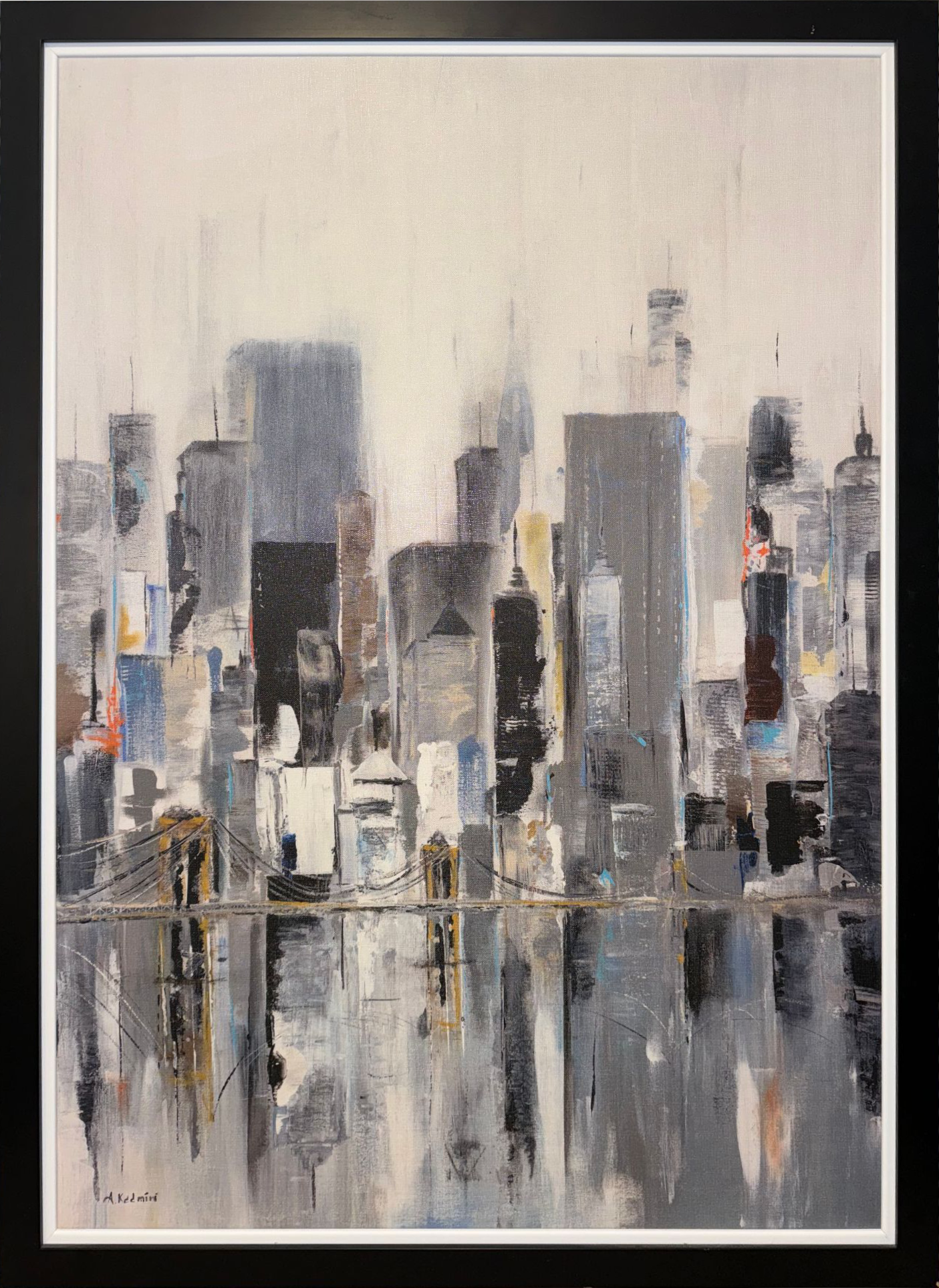 Dynamic energy of a modern city skyline through an abstract blend of shapes, colors, muted greys - the strokes of occasional pops of color emphasize the fluidity and movement of this cityscape.