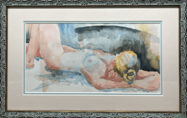 Captured by the serene and natural beauty of  human form in a gentle and expressive style with soft, flowing brushstrokes that blend effortlessly with the delicate hues of blue, pink, and earthy tones. Framed in an ornate vintage-style frame, this piece combines classic elegance with a contemporary approach to figure painting.