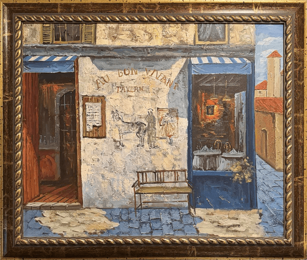 This piece captures the essence of a quaint European tavern nestled in a rustic, cobbled street with weathered white walls adorned with the words "Au Bon Vivant," inviting passersby to step inside for a warm meal and lively conversation. This artwork evokes the simplicity of enjoying life's little pleasures in a tucked-away tavern.