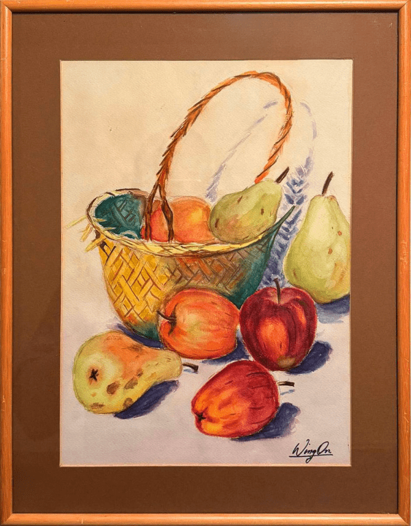 This still-life watercolour painting captures the essence of simple abundance, depicting a basket of ripe fruits in soft, warm tones. The artist's delicate brushstrokes evoke a sense of calm and contentment, as if the fruit has been freshly gathered from a peaceful orchard. 