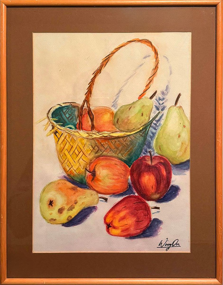 This still-life watercolour painting captures the essence of simple abundance, depicting a basket of ripe fruits in soft, warm tones. The artist's delicate brushstrokes evoke a sense of calm and contentment, as if the fruit has been freshly gathered from a peaceful orchard. 