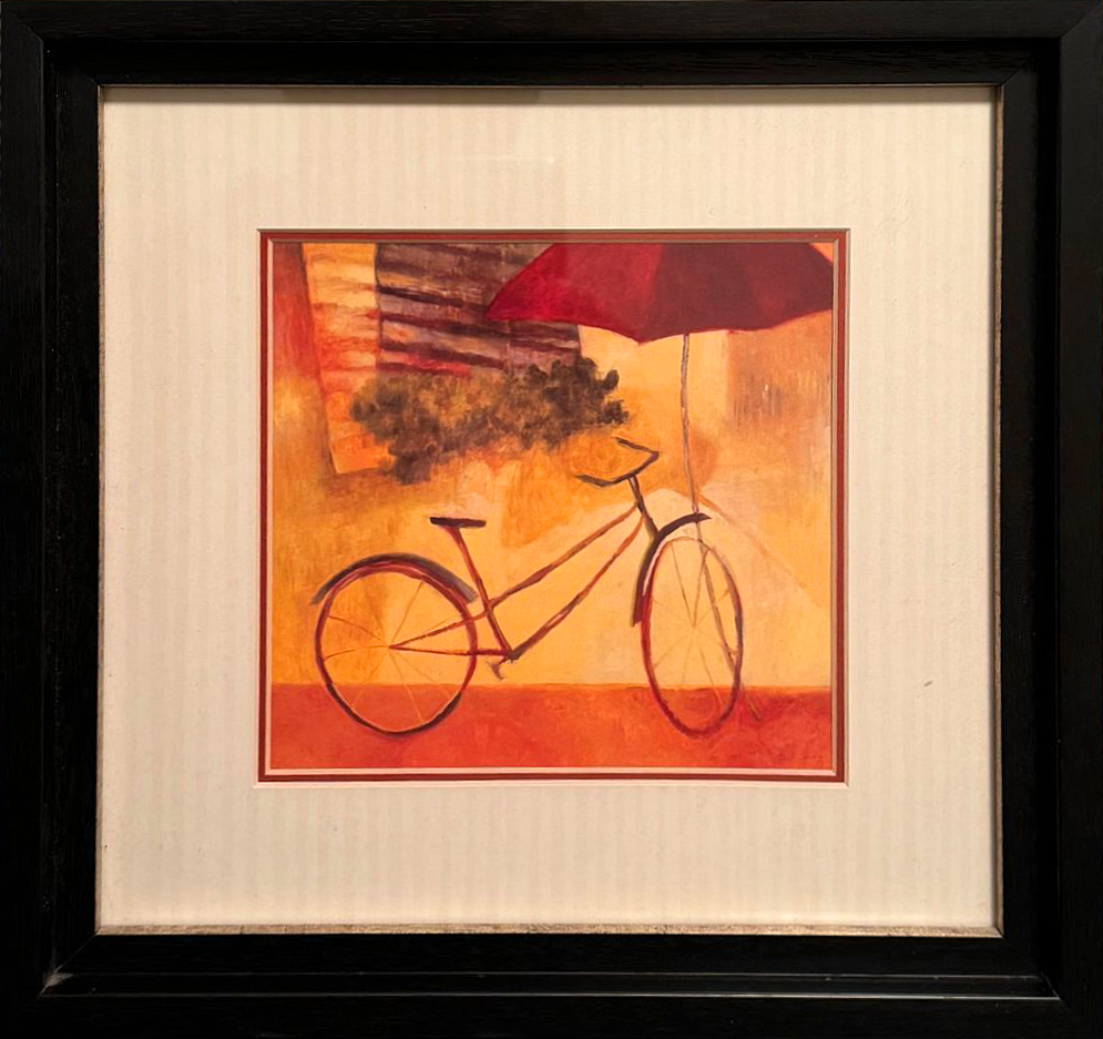 A warm and nostalgic painting captures the simplicity of an afternoon bike ride, with a bright red bicycle positioned under a deep red umbrella. The abstracted background evokes the feeling of a cozy, sun-drenched street scene, perhaps a cafe or a park corner, where the bike rests, waiting to resume its journey.