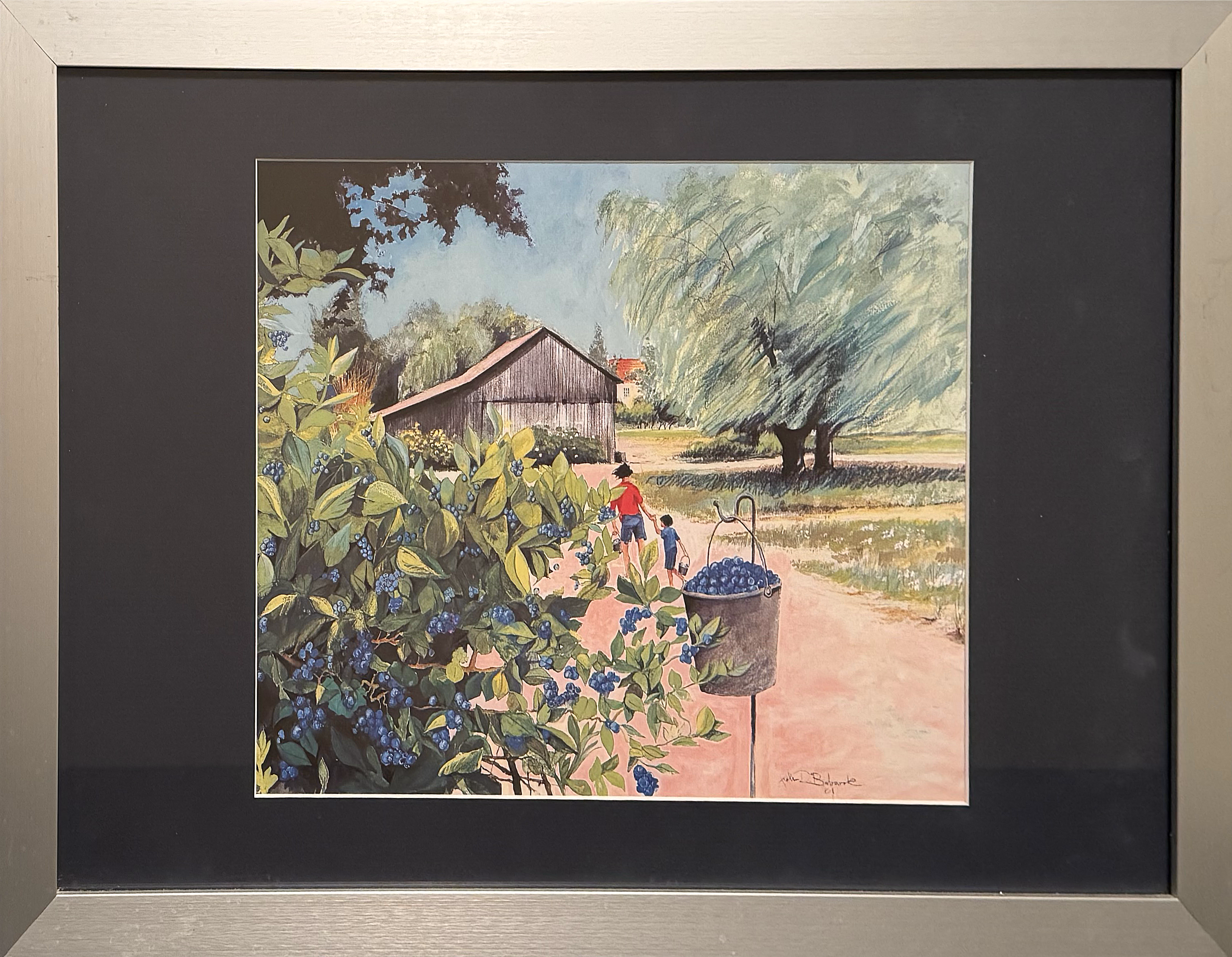  A charming scene of blueberries picking in a sun-drenched countryside, capturing the innocence of youth and the warmth of rural life. It invites the viewer to recall the joy of picking berries in the summer sun.