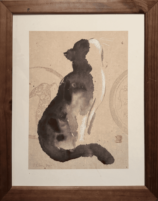 This signed limited addition print captures the graceful stillness of a cat lost in thought, its form defined through soft watercolor brushstrokes. The simplicity of the composition, with the cat's figure blending into a neutral background, highlights the elegance and mystery of its subject. 