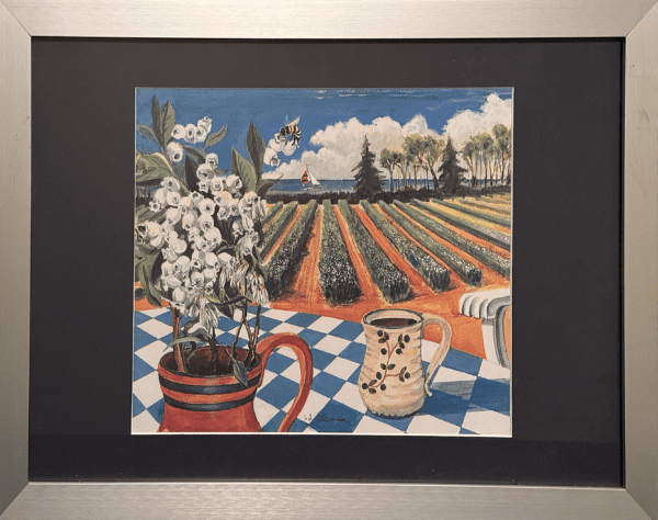 This print marks a peaceful vineyard landscape with blooming flowers and a serene backdrop adding a touch of life to the stillness. The painting beautifully combines the themes of nature, harvest, and simple pleasures, evoking the nostalgia of a Mediterranean afternoon spent overlooking lush fields with the sea just beyond.