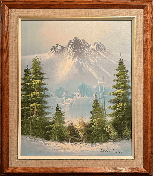 A serene depiction of a snow-covered mountain range, standing majestically against the soft winter sky. Framed by lush evergreen trees, the painting evokes the tranquility of untouched wilderness while inviting the viewer to embrace the crisp air and the solitude of a cold, still winter day.