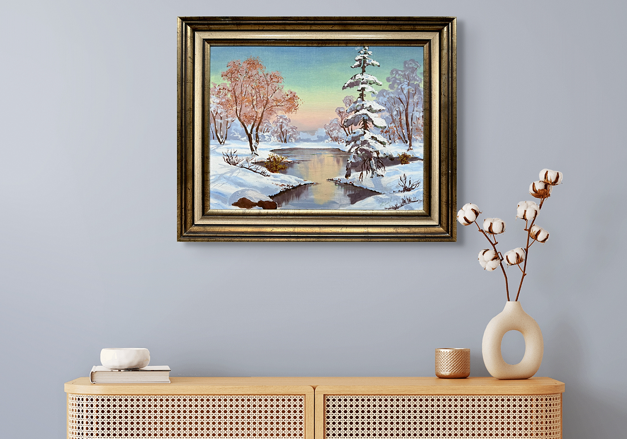 A serene portrayal of a snow-covered landscape, where soft pink and orange hues of the evening sky blend into the icy stillness of the scene while perfectly captured by the quiet beauty of winter, inviting the viewer into a moment of calm and contemplation in nature’s frosty embrace.