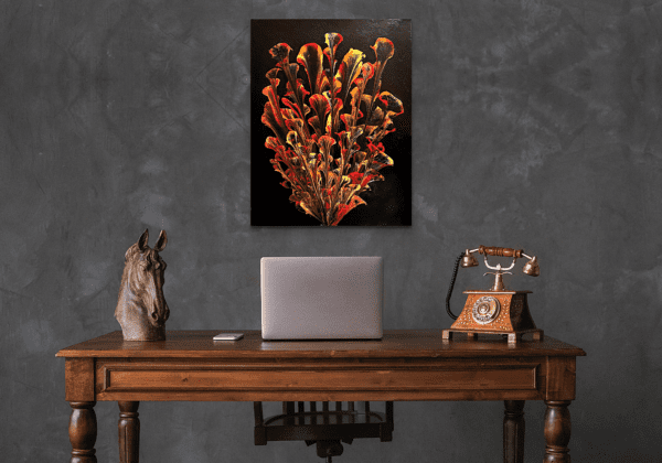 The vibrant streaks of yellow, orange, and red capture the intensity of fire, while the organic curves and layered textures give the piece an almost floral, abstract quality. Each stroke feels intentional yet wild, creating a balance between control and chaos.