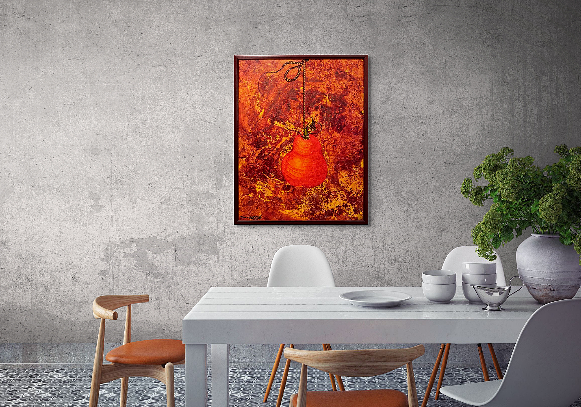 The striking image of a glowing pear-like form hanging by a thick rope, set against a backdrop of swirling molten colors - symbolizing both tension and tranquility while suggesting themes of resilience and quiet strength amidst the storm of life's ever-changing forces, creating  a mesmerizing visual experience. 