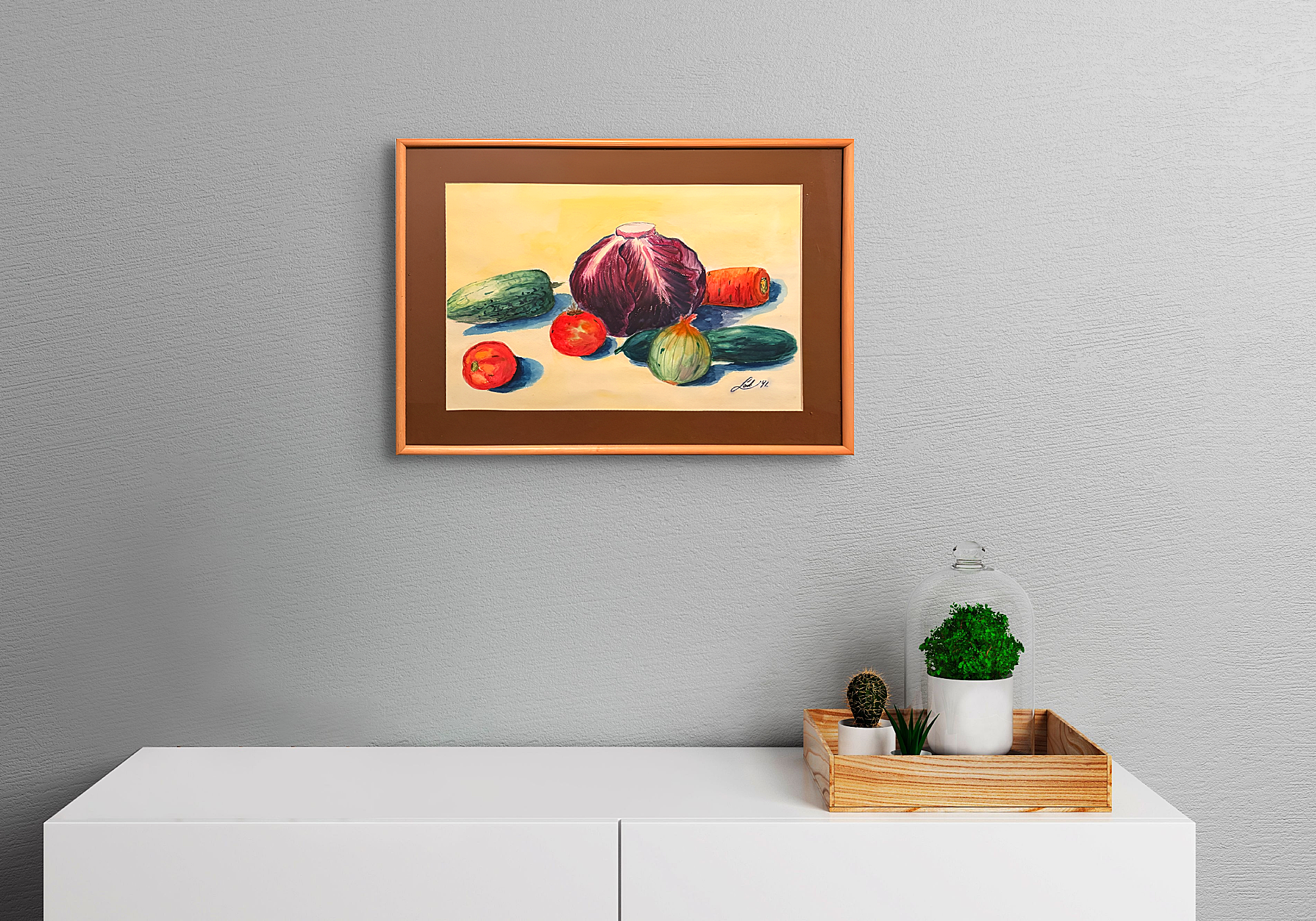 This watercolour captures the natural beauty of fresh, garden-picked vegetables. The soft, muted background - emphasizing the bright, saturated colors of the vegetables, gives the scene a feeling of warmth and inviting comfort reflecting the artist’s appreciation for nature’s abundance. 