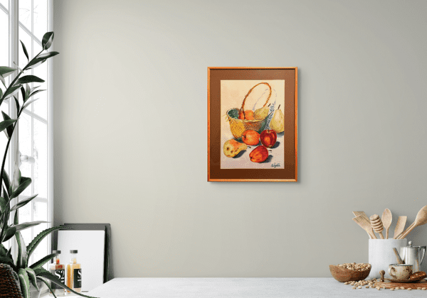 This still-life watercolour painting captures the essence of simple abundance, depicting a basket of ripe fruits in soft, warm tones. The artist's delicate brushstrokes evoke a sense of calm and contentment, as if the fruit has been freshly gathered from a peaceful orchard. 