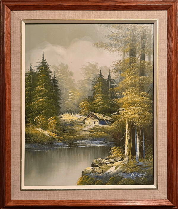 This tranquil painting sets the scene that invites you into a peaceful woodland retreat, where an old, secluded cabin nestles beside a still lake, surrounded by towering evergreen trees. The detailed brushstrokes capture the texture of the trees, the rocks, and the water, emphasizing the beauty and serenity of this hidden retreat. 