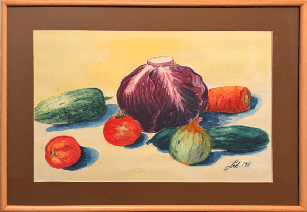 This watercolour captures the natural beauty of fresh, garden-picked vegetables. The soft, muted background - emphasizing the bright, saturated colors of the vegetables, gives the scene a feeling of warmth and inviting comfort reflecting the artist’s appreciation for nature’s abundance. 