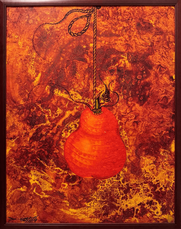 The striking image of a glowing pear-like form hanging by a thick rope, set against a backdrop of swirling molten colors - symbolizing both tension and tranquility while suggesting themes of resilience and quiet strength amidst the storm of life's ever-changing forces, creating  a mesmerizing visual experience. 