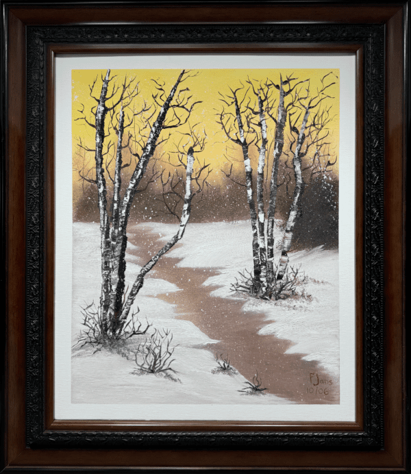 A snowy landscape beautifully captures the fleeting moments of a winter sunset, where the golden sky gently fades into twilight - with soft, falling snowflakes that adds a sense of serene stillness.