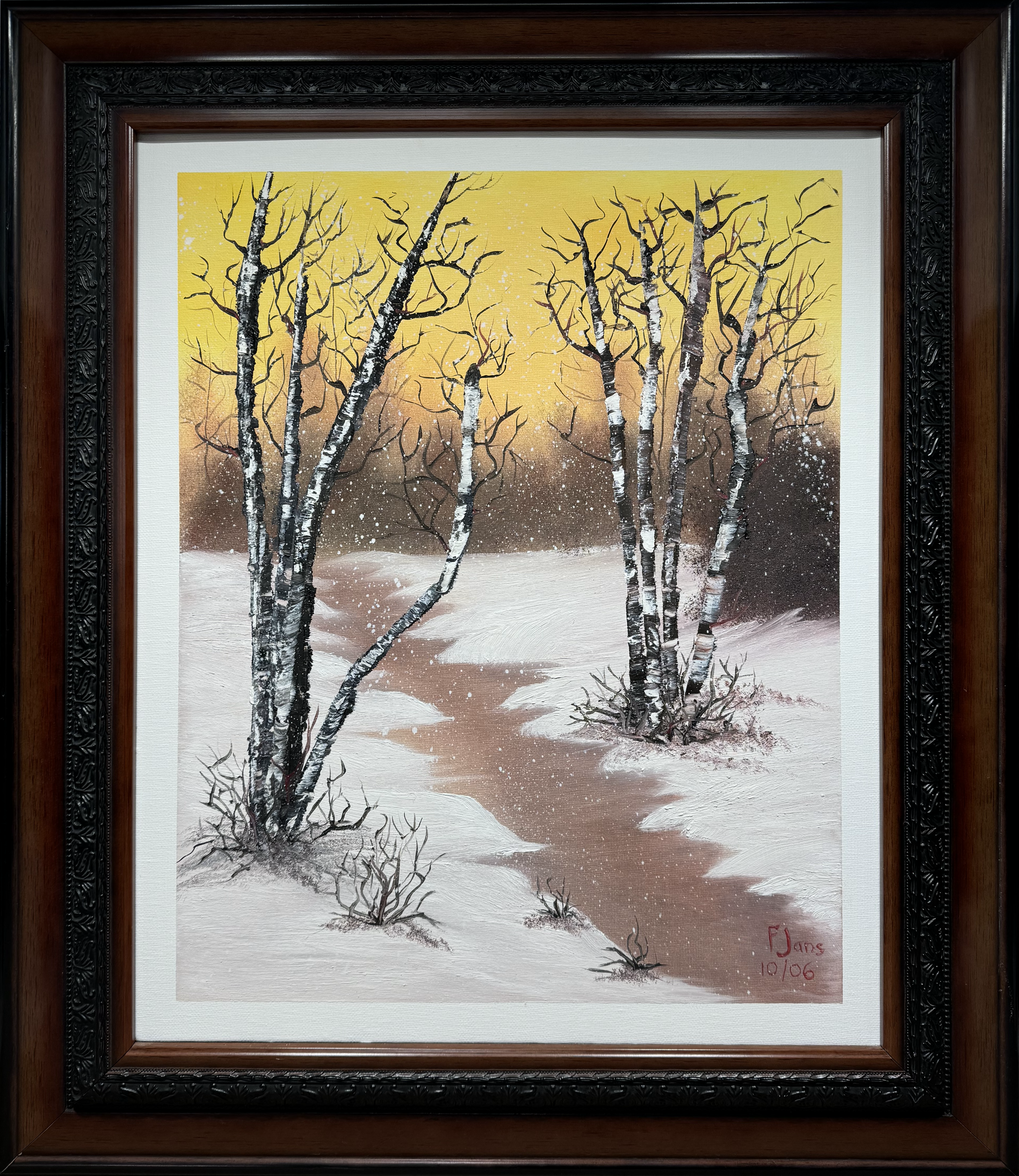 A snowy landscape beautifully captures the fleeting moments of a winter sunset, where the golden sky gently fades into twilight - with soft, falling snowflakes that adds a sense of serene stillness.