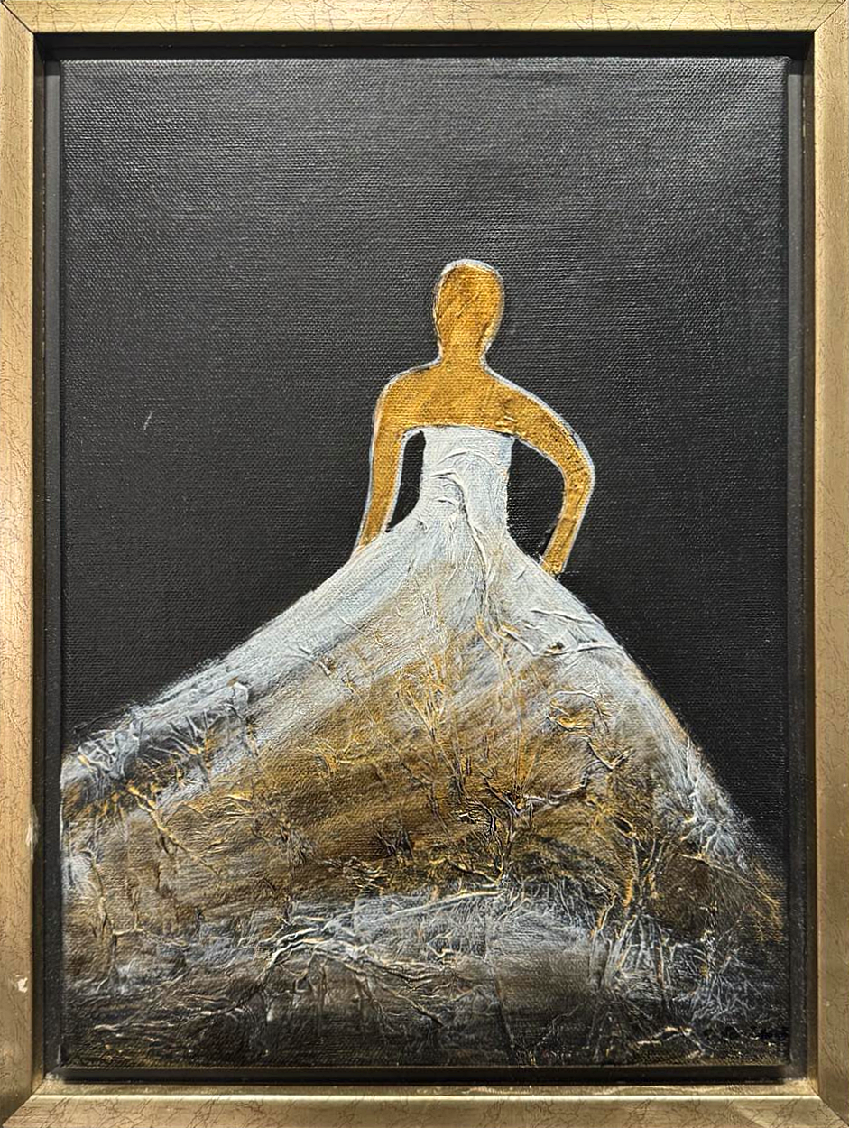 This painting featuring the graceful silhouette of a woman adorned in a luxurious gown, textured with layers of gold and white hues. The faceless figure, rendered in gold, suggests a timeless, universal femininity, leaving her identity to the imagination of the viewer. 