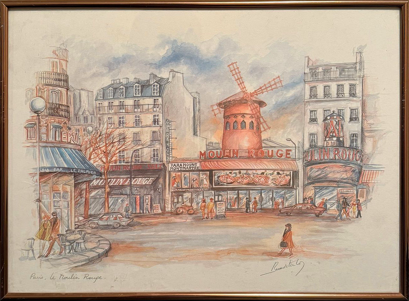 The vibrant charm of the iconic Moulin Rouge in Paris, beautifully painted with an impressionistic style that evokes the nostalgic essence of a bygone era. The pastel shades and delicate strokes highlight the famous windmill and surrounding cafés, bringing to life the lively streets of Montmartre.