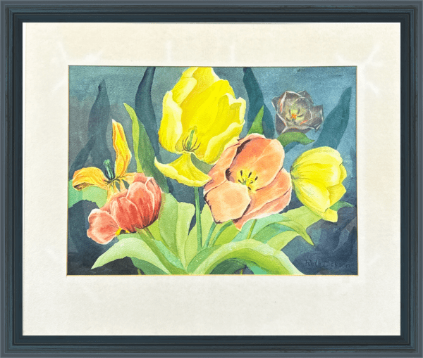 This vibrant watercolor by Ruth Dickson captures a beautiful array of flowers in full bloom. With delicate brushstrokes and rich colors, the piece brings the freshness of a garden and brings calm vibrance into any space.