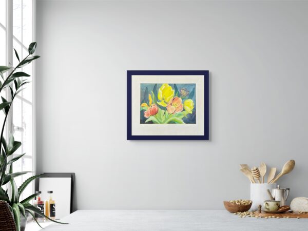 This vibrant watercolor by Ruth Dickson captures a beautiful array of flowers in full bloom. With delicate brushstrokes and rich colors, the piece brings the freshness of a garden and brings calm vibrance into any space.