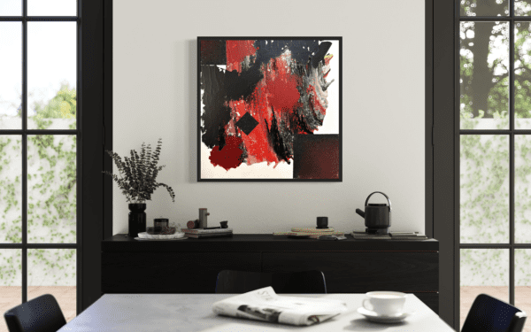 This abstract painting features a striking blend of reds, blacks, and textured forms, creating a powerful sense of movement and intensity. Bold shapes and layered textures evoke energy and drama, inviting viewers to interpret its raw emotion.