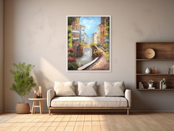 This captivating scene captures a charming European canal, surrounded by vibrant flowers and historic buildings. A quiet bridge invites viewers to wander along the flower-lined path, evoking the romance of a sunlit afternoon.