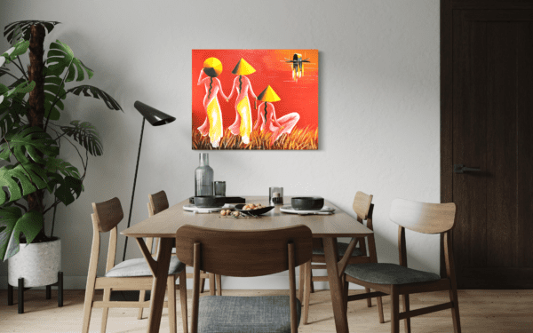 This striking painting depicts three women in traditional attire, gazing out over a vivid red landscape. Their bright yellow hats and soft, flowing garments create a beautiful contrast against the warm background, evoking a sense of unity and cultural pride.