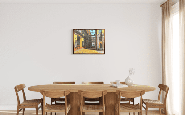 A beautifully detailed painting capturing a European alleyway bathed in sunlight, framed by antique storefronts and textured brick walls. This piece brings the charm and character of historical architecture to life.