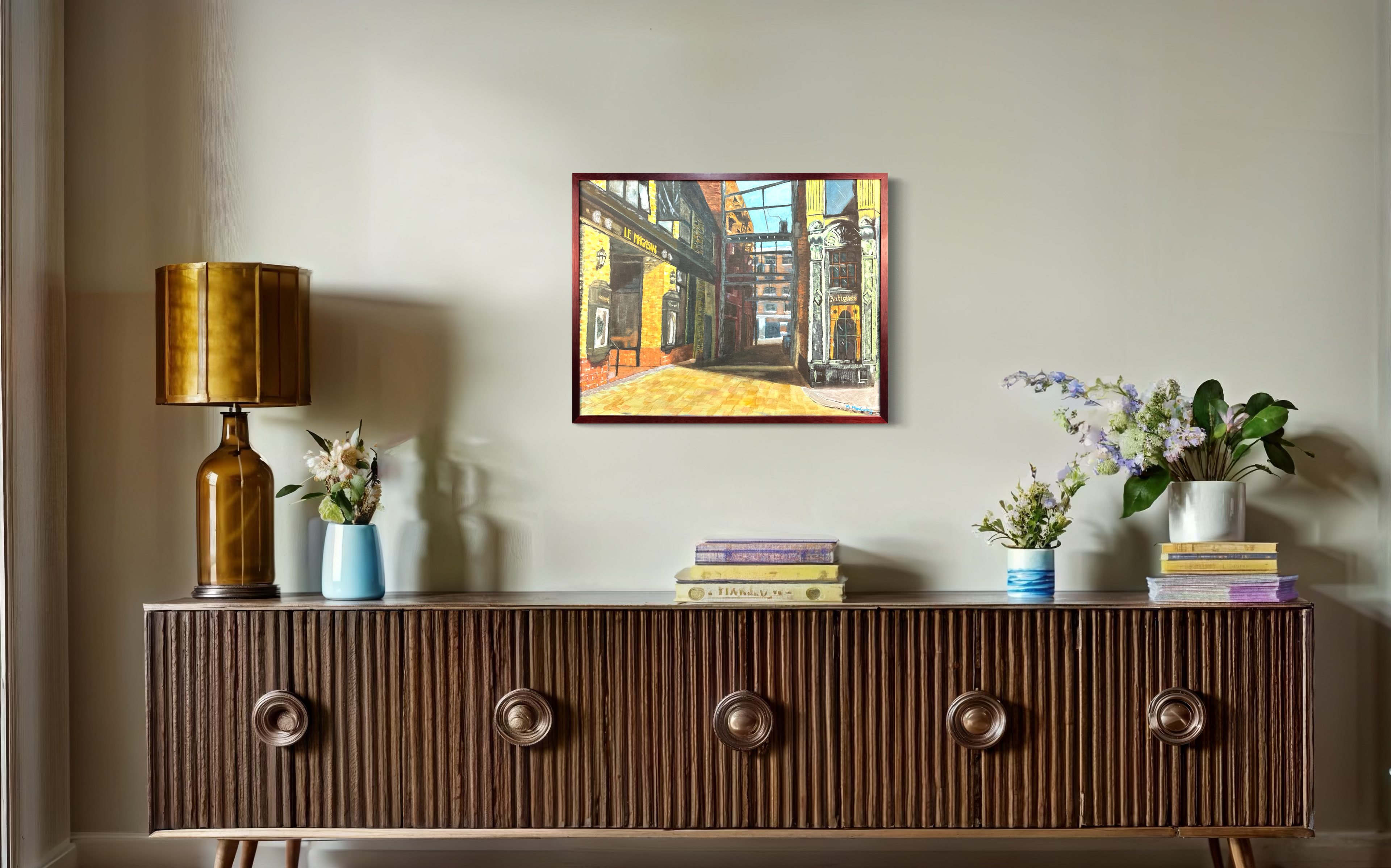 A beautifully detailed painting capturing a European alleyway bathed in sunlight, framed by antique storefronts and textured brick walls. This piece brings the charm and character of historical architecture to life.