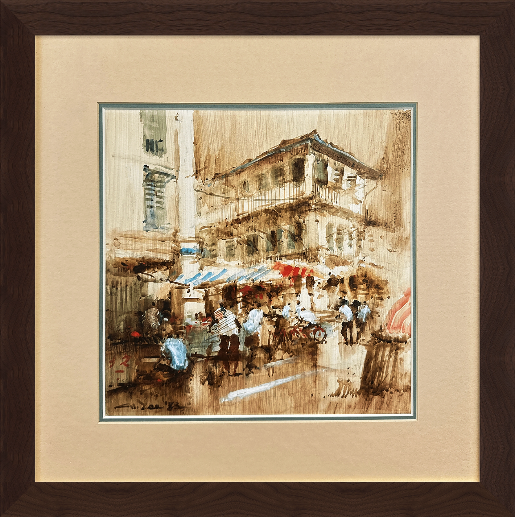 A lively market scene by Singaporean artist Ang Ah Tee, painted in 1983. The artwork captures the energetic energy of a busy street market, with vendors, pedestrians, and a background of traditional architecture, all rendered in warm, earthy tones bringing the scene to life.