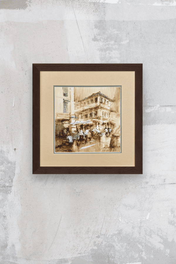 A lively market scene by Singaporean artist Ang Ah Tee, painted in 1983. The artwork captures the energetic energy of a busy street market, with vendors, pedestrians, and a background of traditional architecture, all rendered in warm, earthy tones bringing the scene to life.