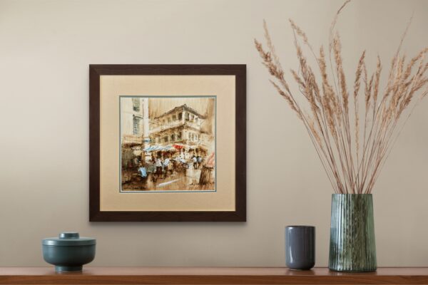 A lively market scene by Singaporean artist Ang Ah Tee, painted in 1983. The artwork captures the energetic energy of a busy street market, with vendors, pedestrians, and a background of traditional architecture, all rendered in warm, earthy tones bringing the scene to life.