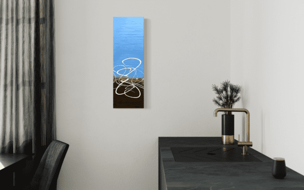 This abstract painting explores the interplay between calm blue skies and earthy tones, with flowing white lines adding a sense of freedom. It invites viewers to interpret the open, limitless space.