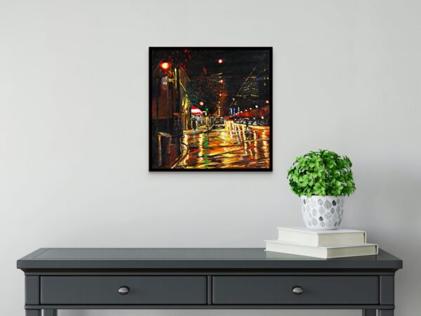 A vivid portrayal by Vancouver-based artist David Wilson, capturing a rainy city street at night. The glowing streetlights reflect off the wet pavement, infusing the scene with the vibrant energy of urban life.