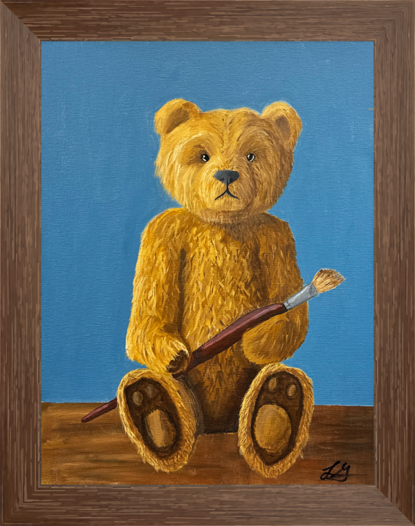 A whimsical painting of a teddy bear holding a paintbrush, blending nostalgia with creativity in a playful yet meaningful way. This painting invites viewers to connect with their inner child, celebrating the joy of imagination and expression.