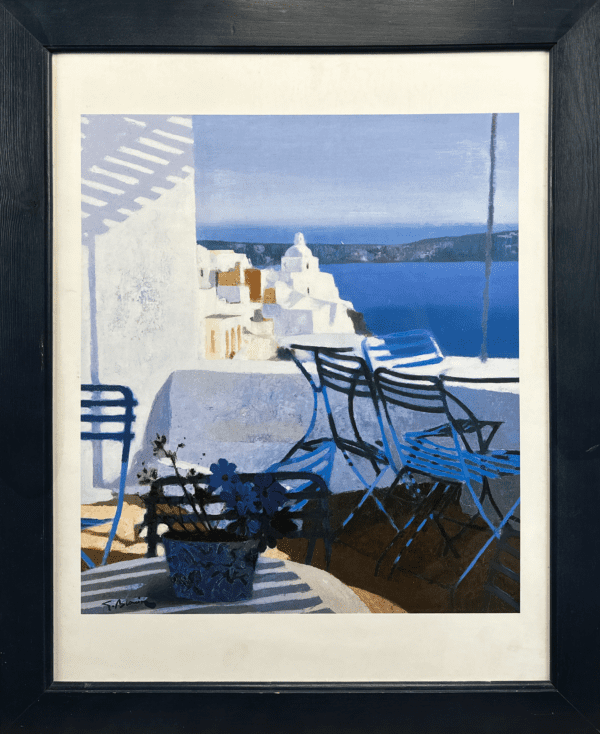 A beautiful scene of a Mediterranean terrace overlooking the sea, filled with cool blues and inviting sunlight. The composition, with chairs and a potted flower in the foreground, captures the peaceful charm of a coastal morning.