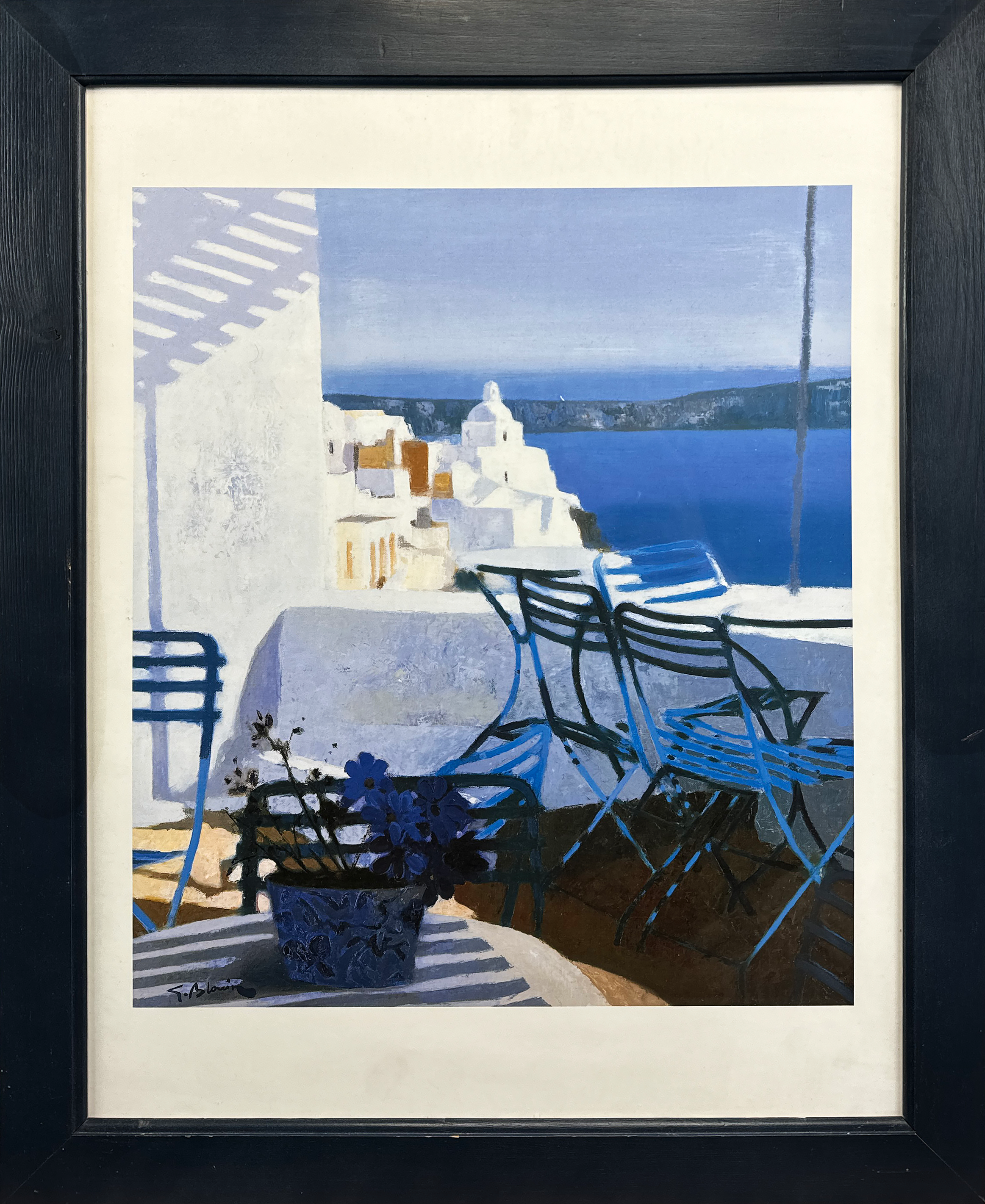 A beautiful scene of a Mediterranean terrace overlooking the sea, filled with cool blues and inviting sunlight. The composition, with chairs and a potted flower in the foreground, captures the peaceful charm of a coastal morning.