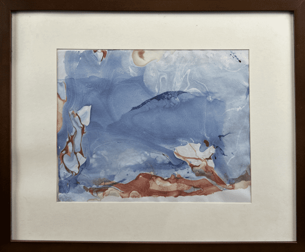 An abstract composition of flowing blues, whites, and earthy reds, evoking a sense of calm and fluid movement. This piece captures the essence of gentle waves or drifting clouds, inviting a serene and introspective mood.