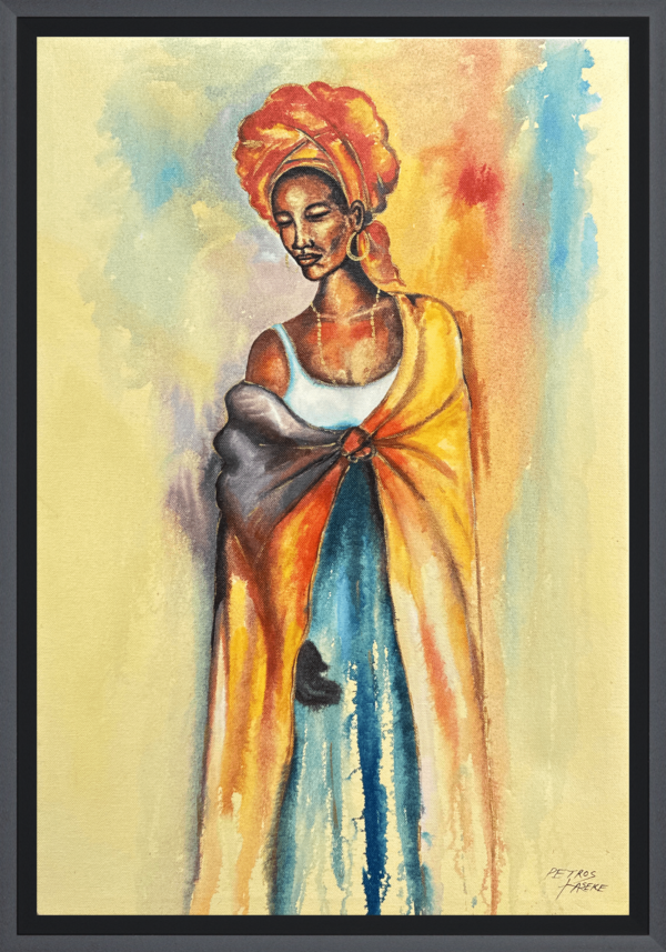 A striking portrait of a serene Masai Woman wrapped in vibrant colors, captures both grace and strength through a blend of warm and cool tones. The artist’s skillful use of watercolor-like gradients and subtle details gives the portrait a timeless feel, evoking a mixture of cultural pride and personal strength.