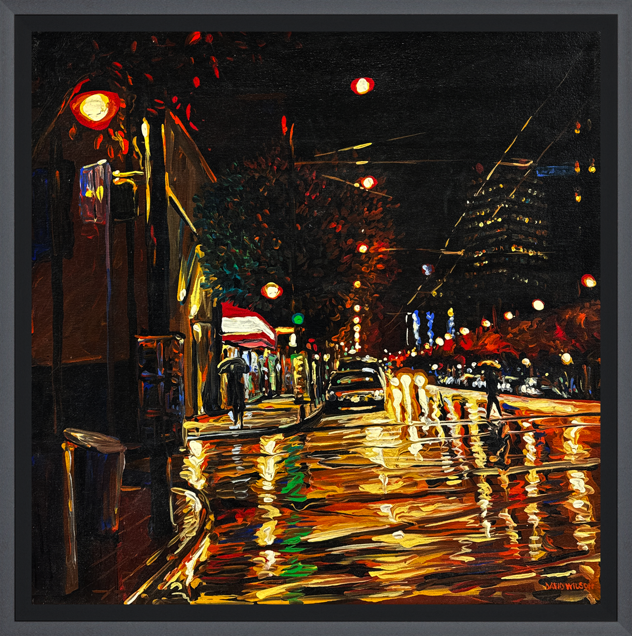 A vivid portrayal by Vancouver-based artist David Wilson, capturing a rainy city street at night. The glowing streetlights reflect off the wet pavement, infusing the scene with the vibrant energy of urban life.