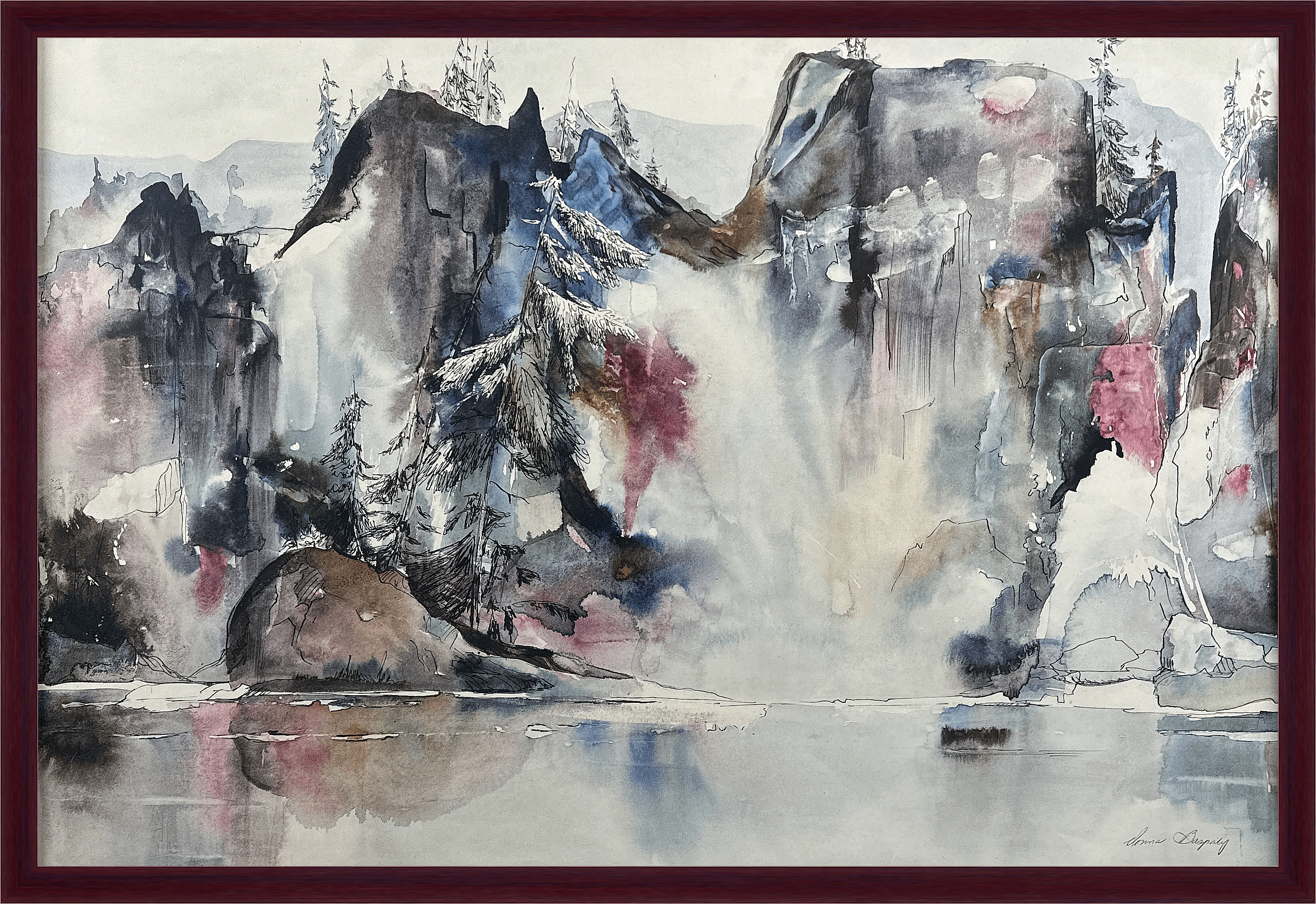 This delicate watercolor painting captures the beauty of a misty landscape, with towering cliffs and evergreen trees reflecting softly in calm waters. Hints of pink and blue create a dreamlike atmosphere, evoking a sense of peace and solitude.